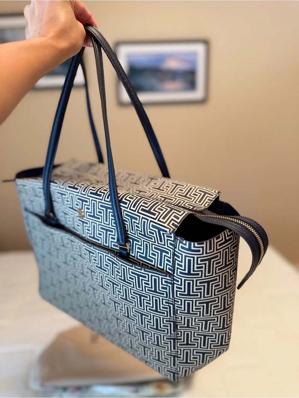 Tory Burch Navy and White Logo-Print Tote